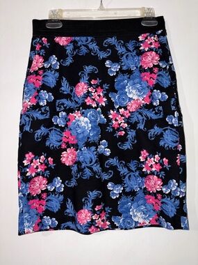 Investments Black Pencil Skirt with Blue & Pink Floral Print